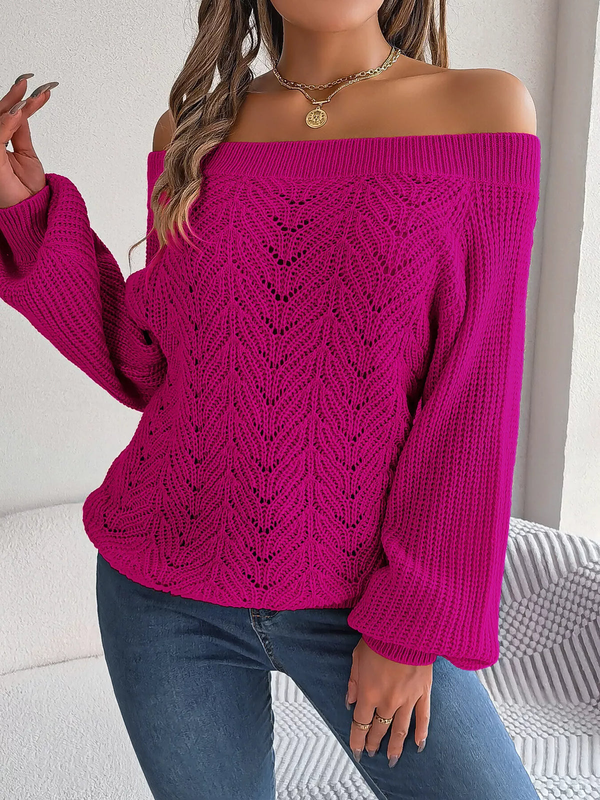Openwork Off-Shoulder Sweater in hot pink, front view