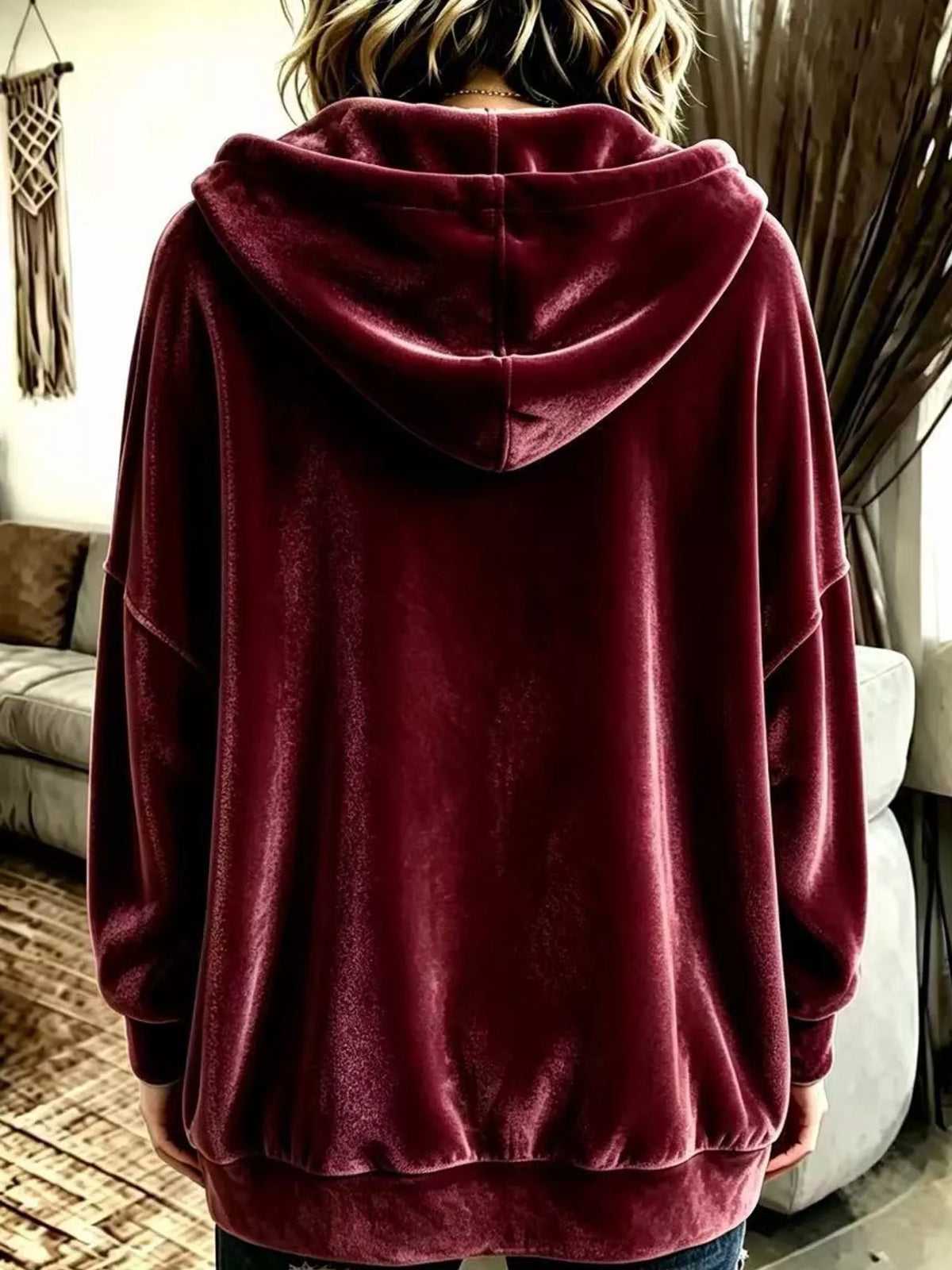 Burgundy velvet dropped shoulder hoodie, back view