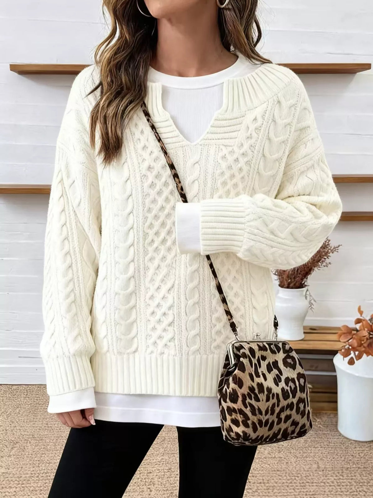 Off-white Cable Knit Dropped Shoulder Sweater front view