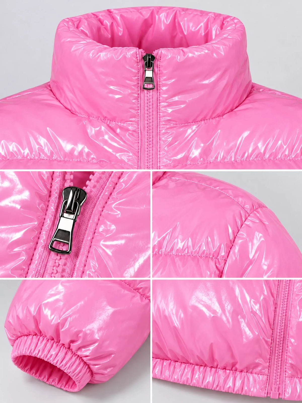 Glossy Stand-Collar Zip-Up Puffer Jacket — garment construction details