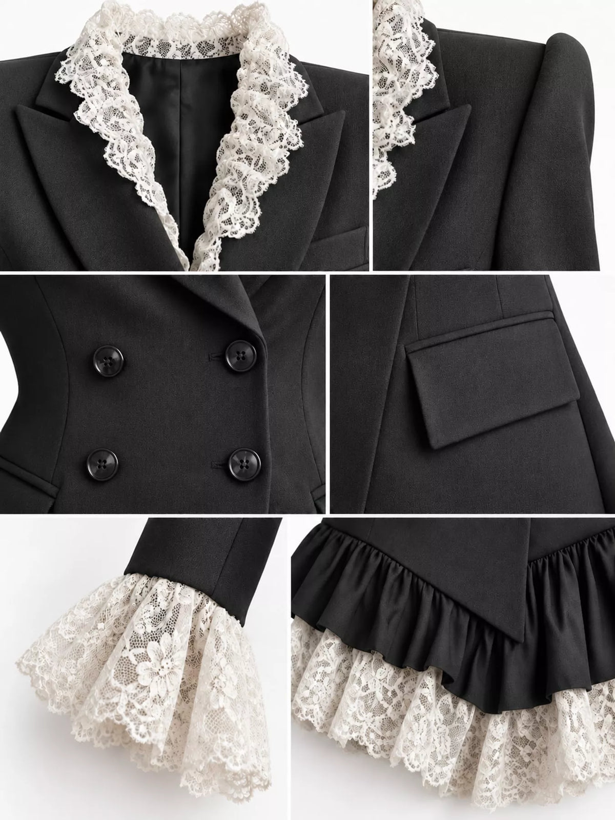 Black lace trim blazer dress, detail view