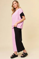 Trendsi Double Take Full Size Texture Contrast T-Shirt and Wide Leg Pants Set -