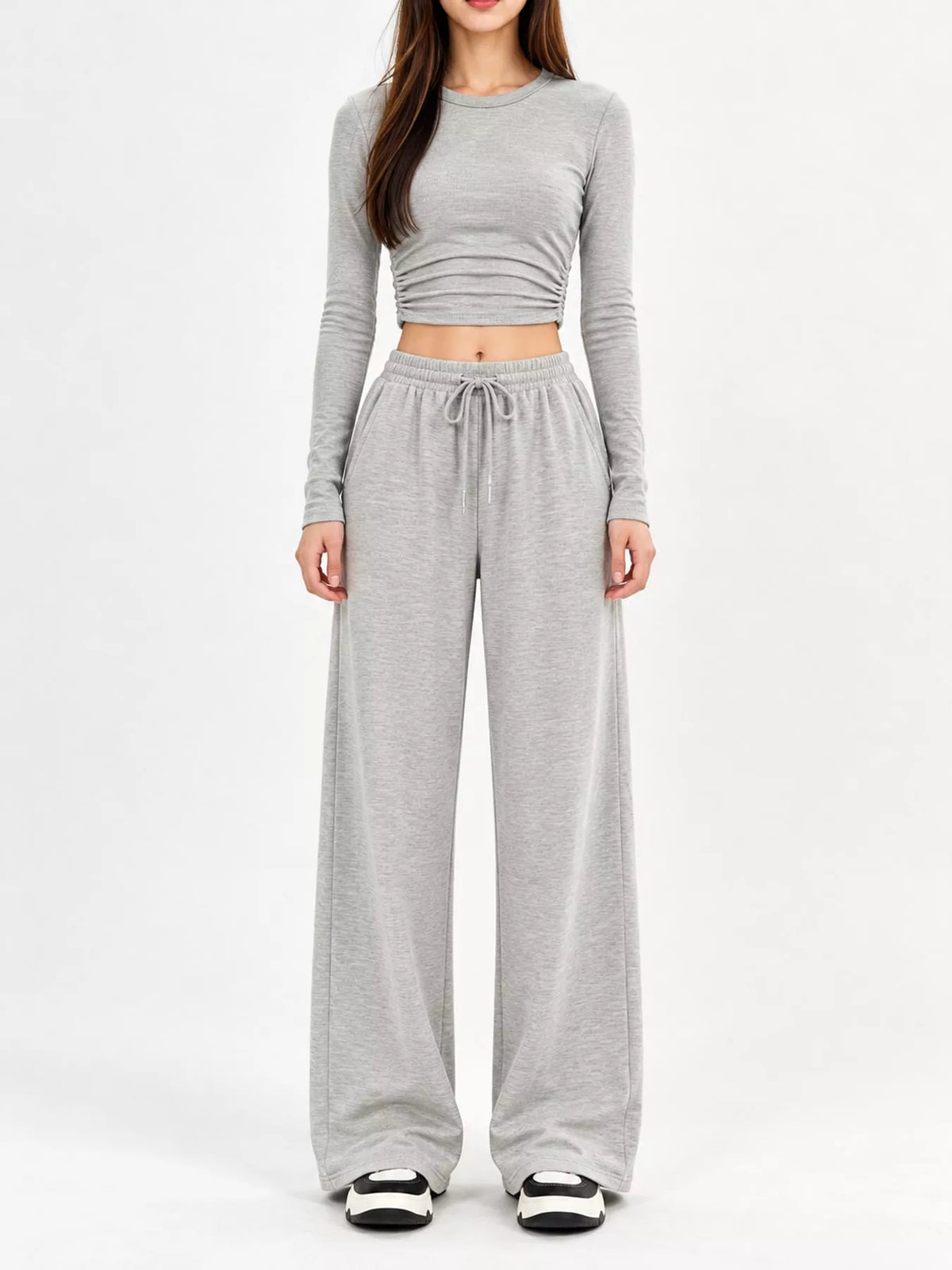 Light gray wide-leg top and pants set