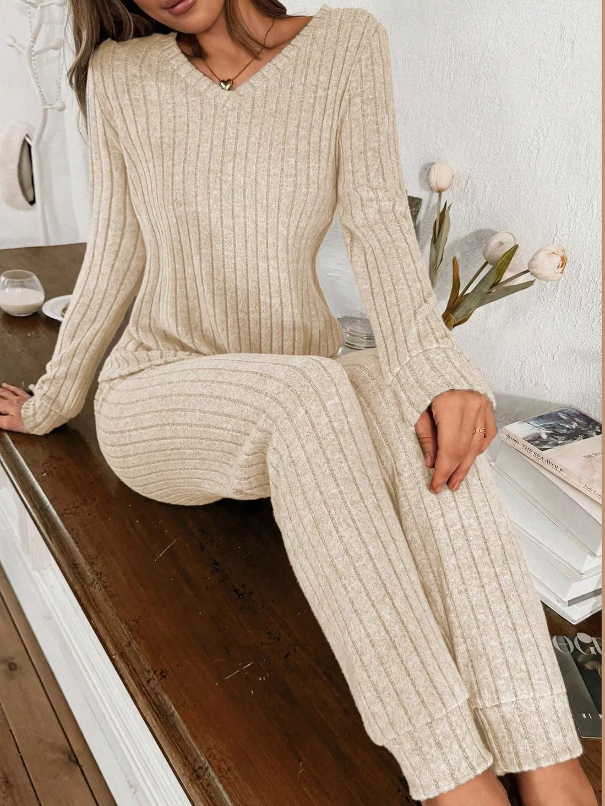 Ribbed Knit Long Sleeve Top and Pants Loungewear Set — construction details