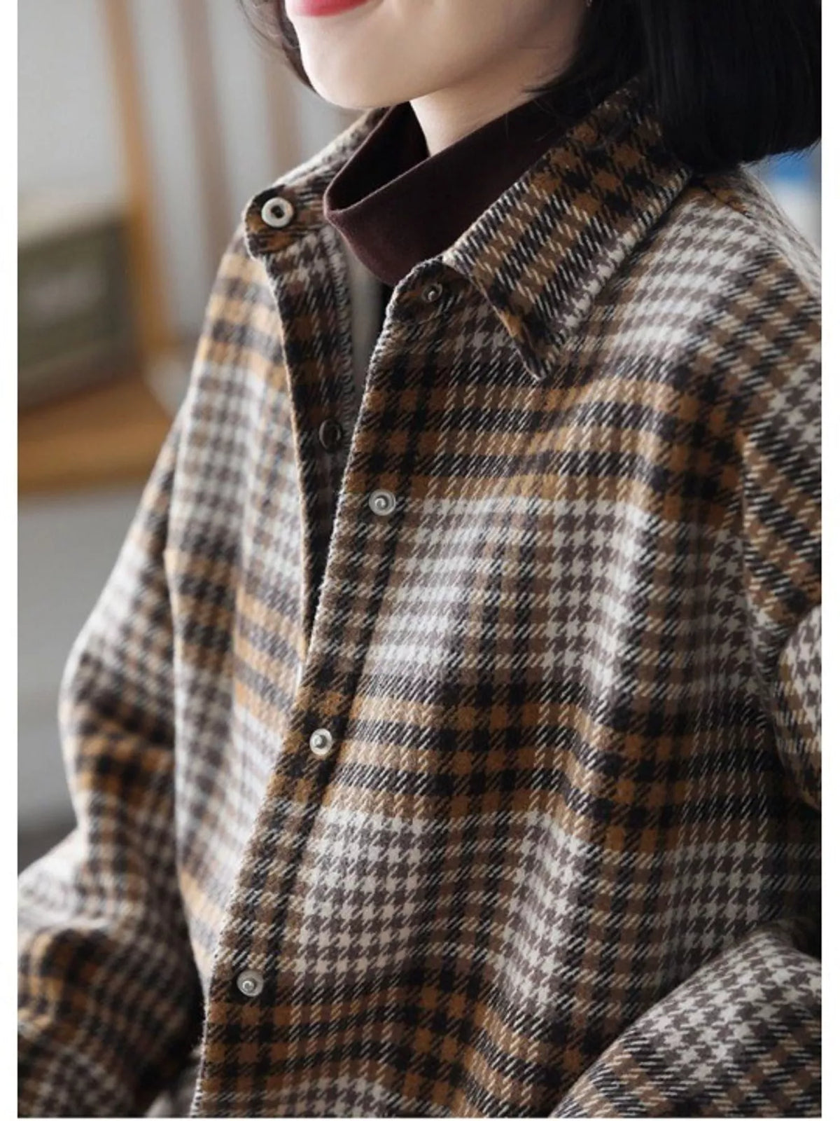 Khaki oversized plaid fleece-lined brushed shirt