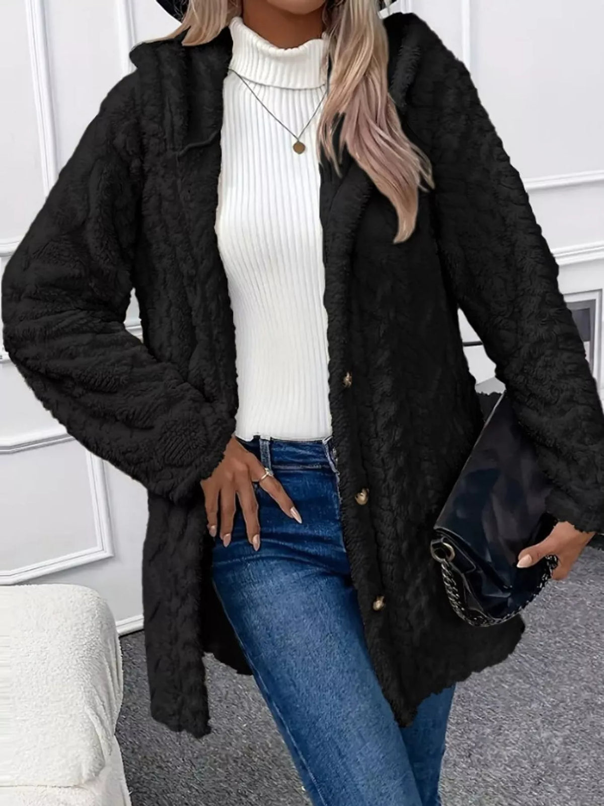 Black cable knit faux fur hooded jacket