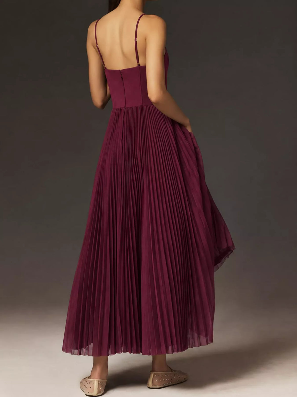Burgundy pleated sweetheart neck midi dress — back view