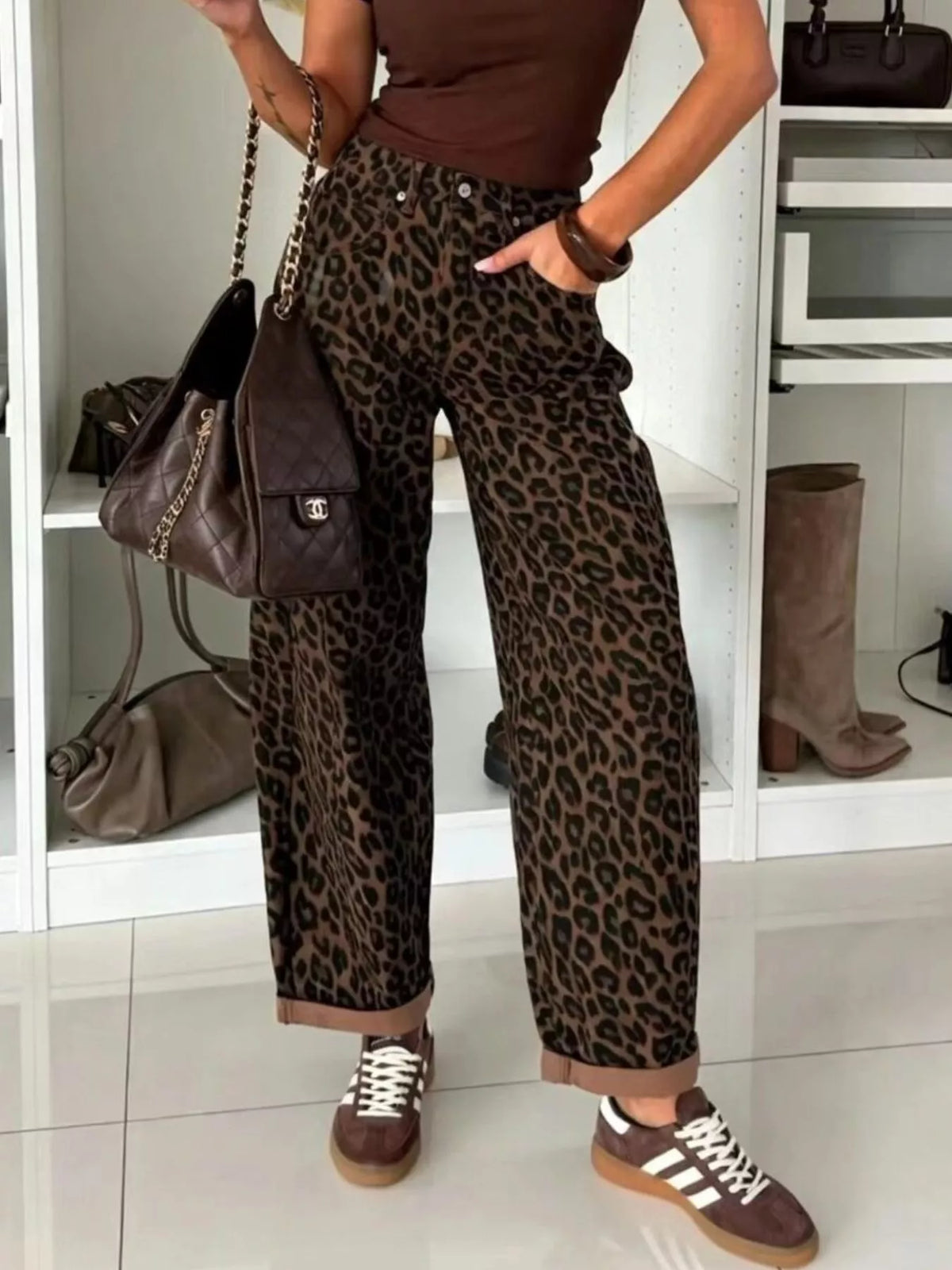 Brown leopard print wide-leg jeans