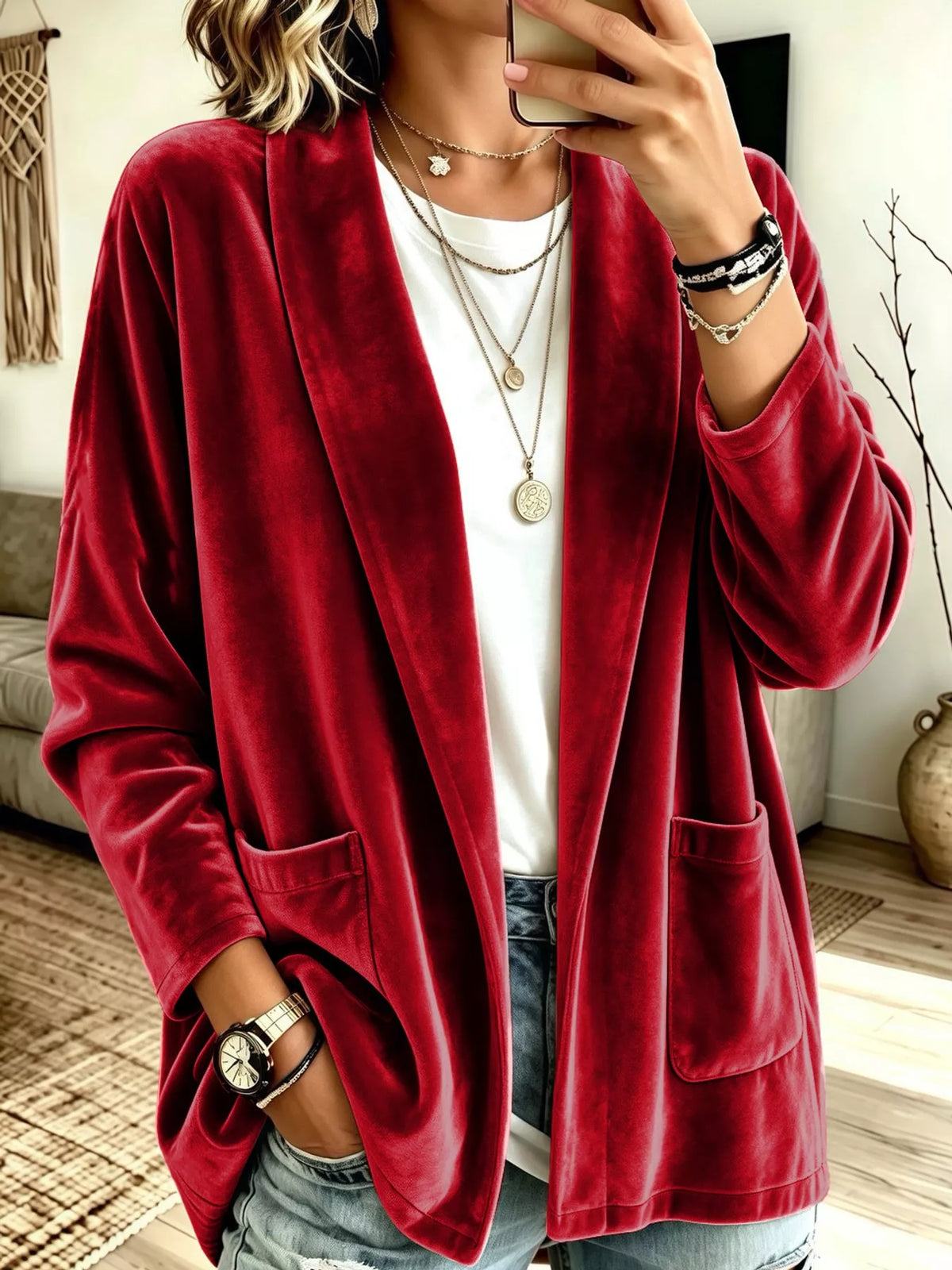 Women's Velvet Open-Front Cardigan in red — front view