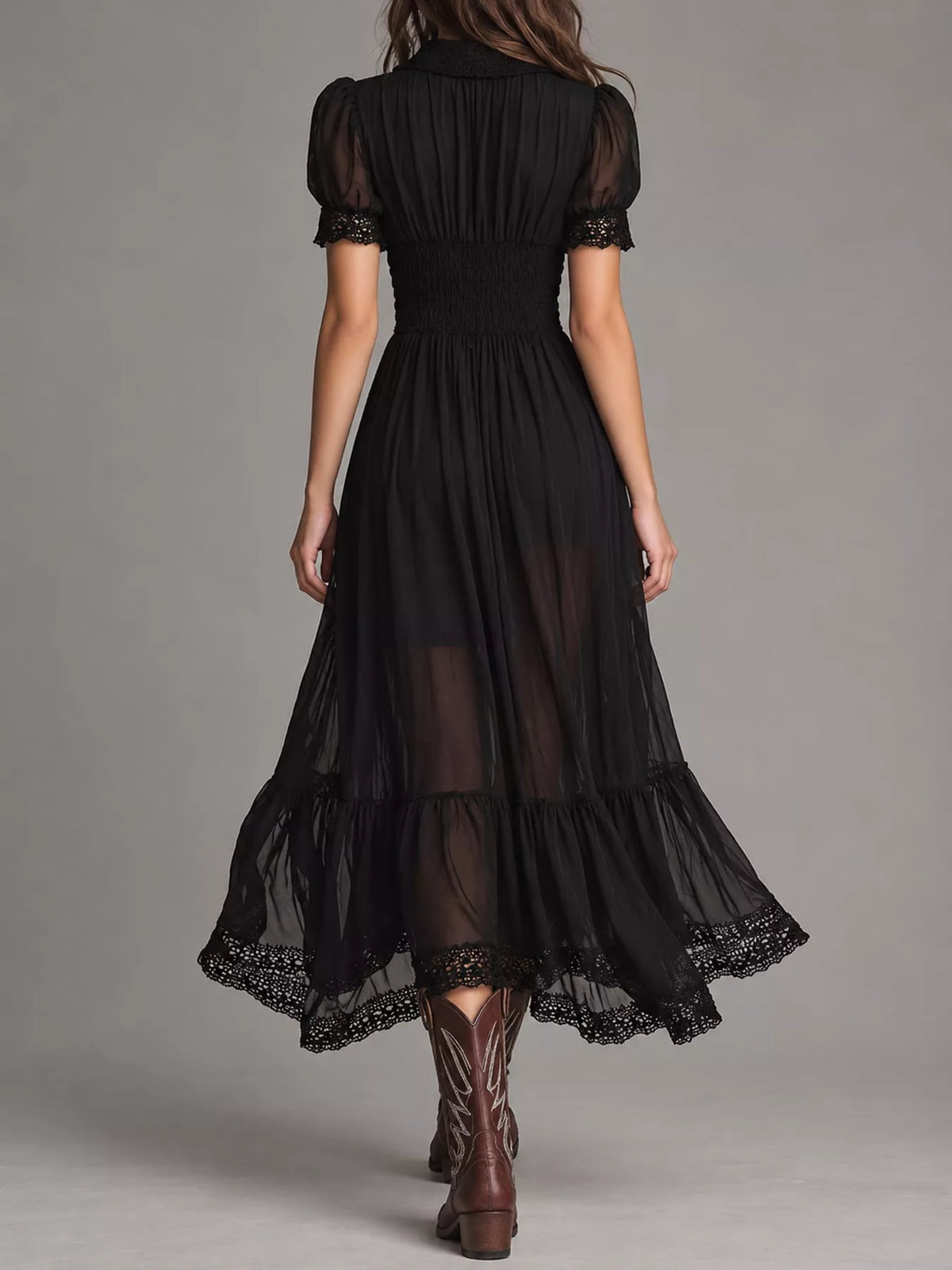 Black button-down midi dress with lace trim, back view