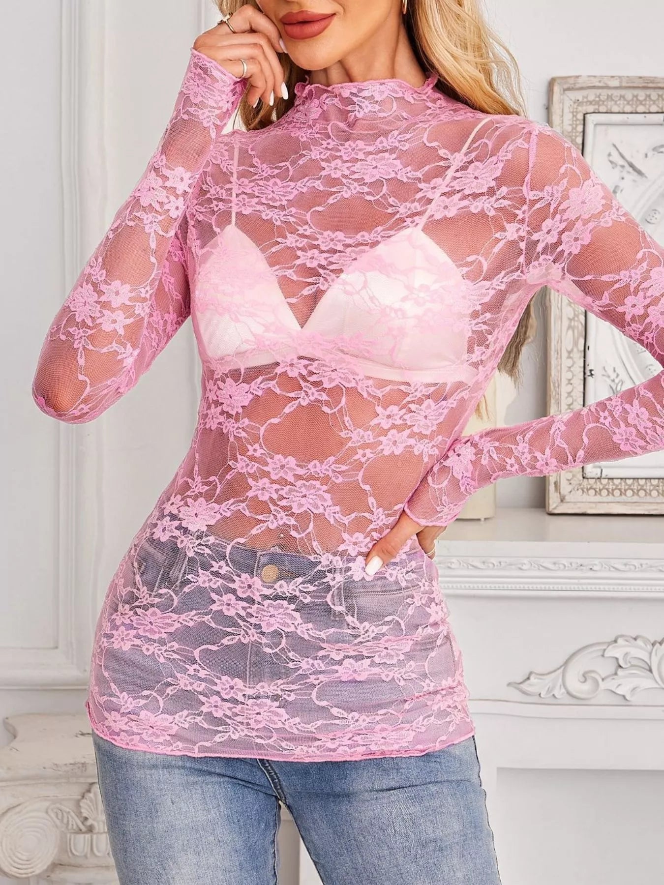 Trendsi Sheer Floral Lace Long Sleeve Top -