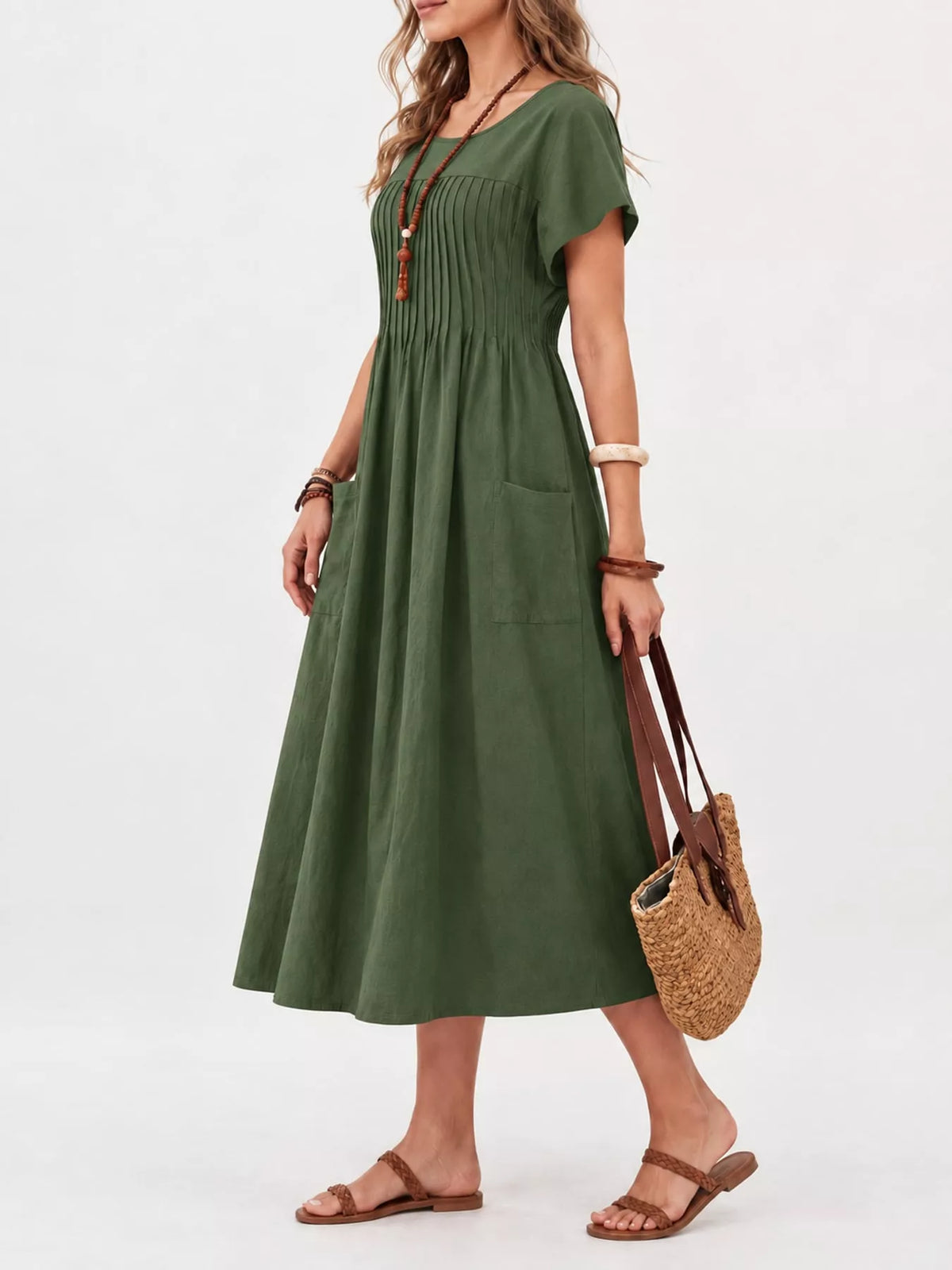 Pleated Midi Dress with Pockets in olive green