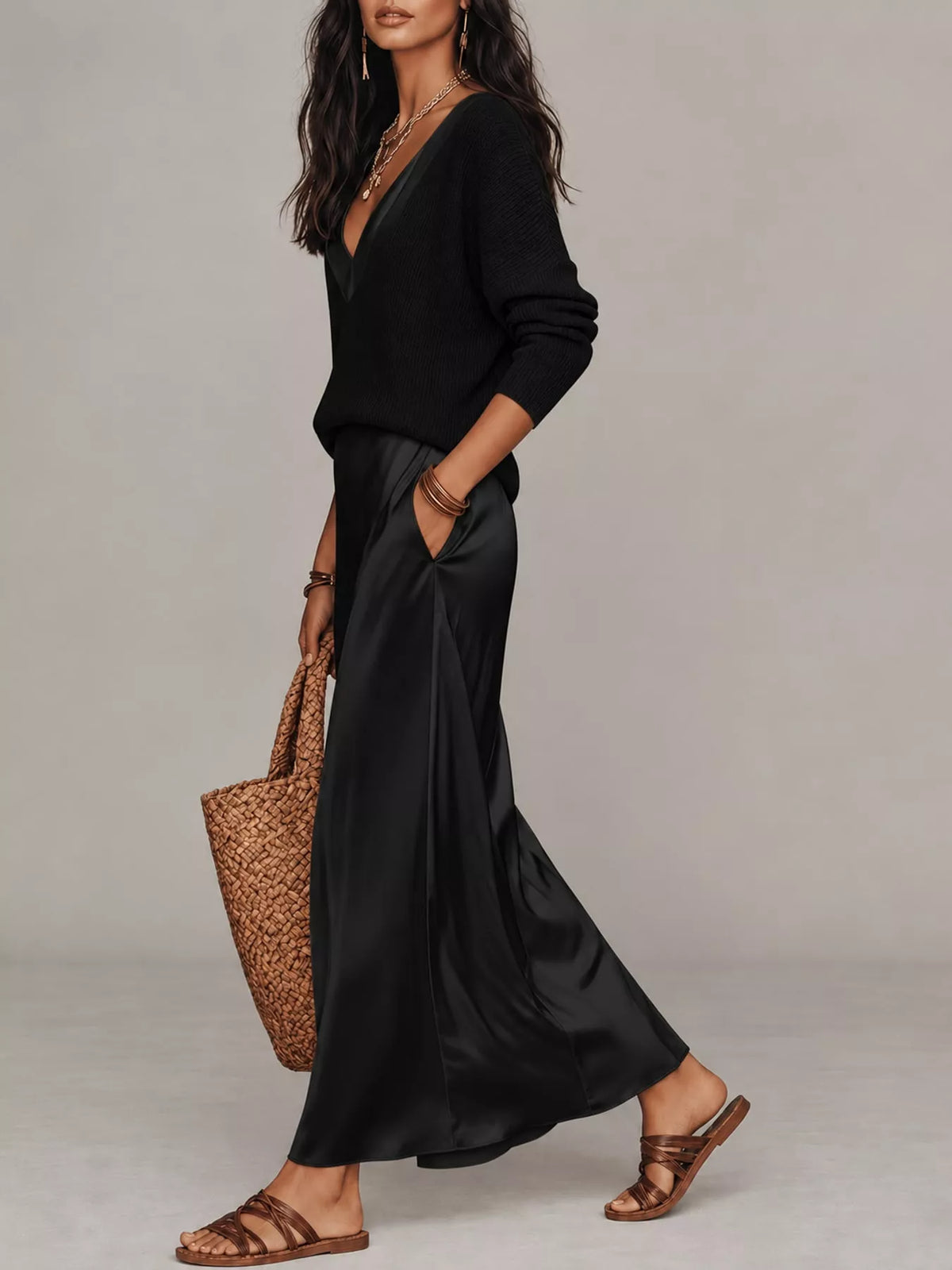 Black-Set v-neck top and satin midi skirt set