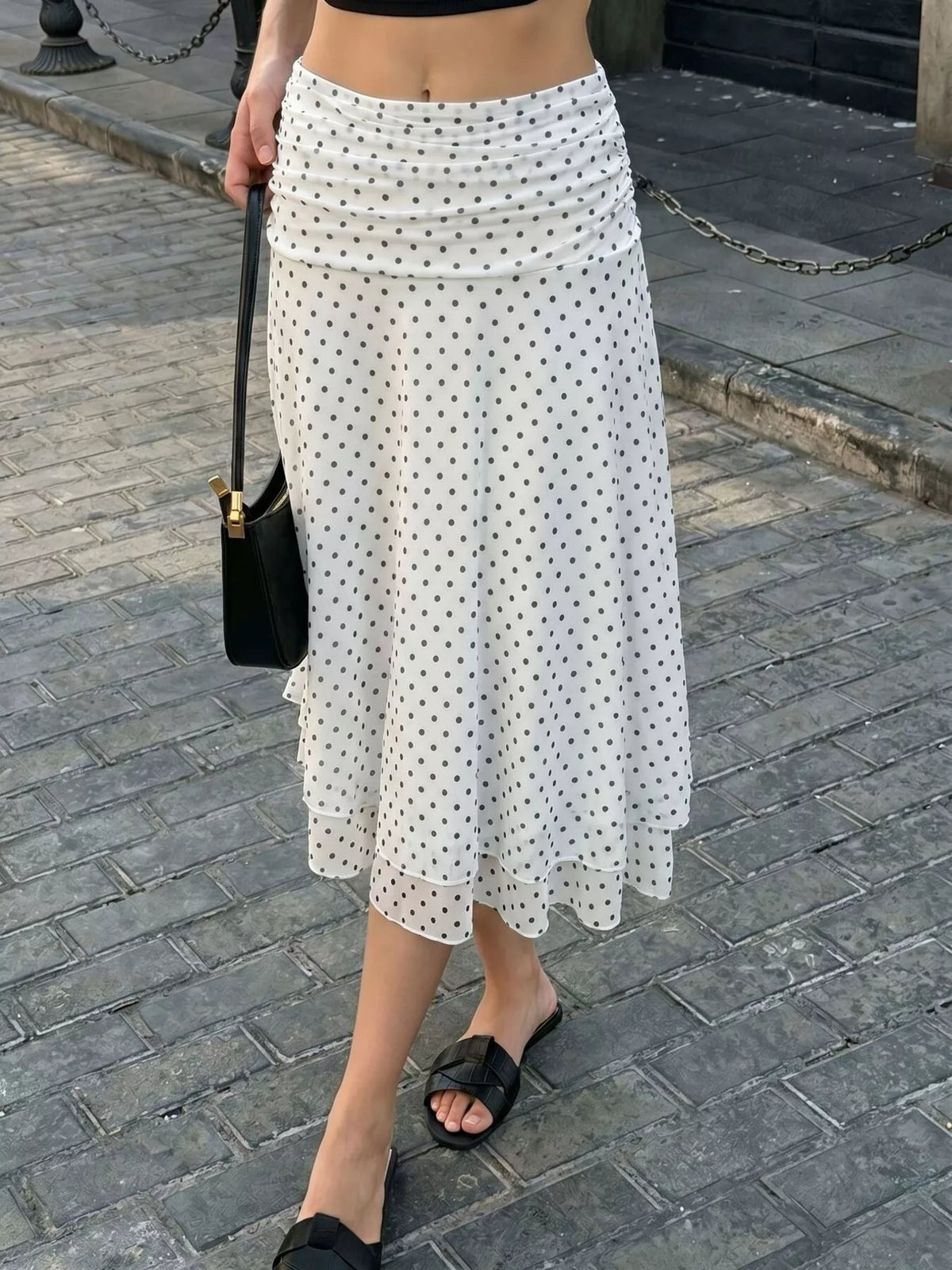 Trendsi Polka Dot Ruched Waist Midi Skirt -