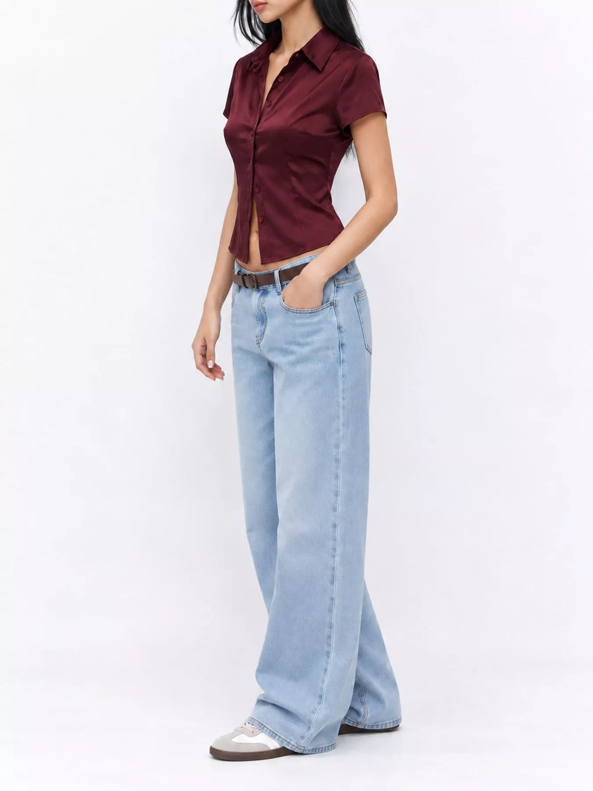 Satin Short Sleeve Button-Down Shirt in burgundy