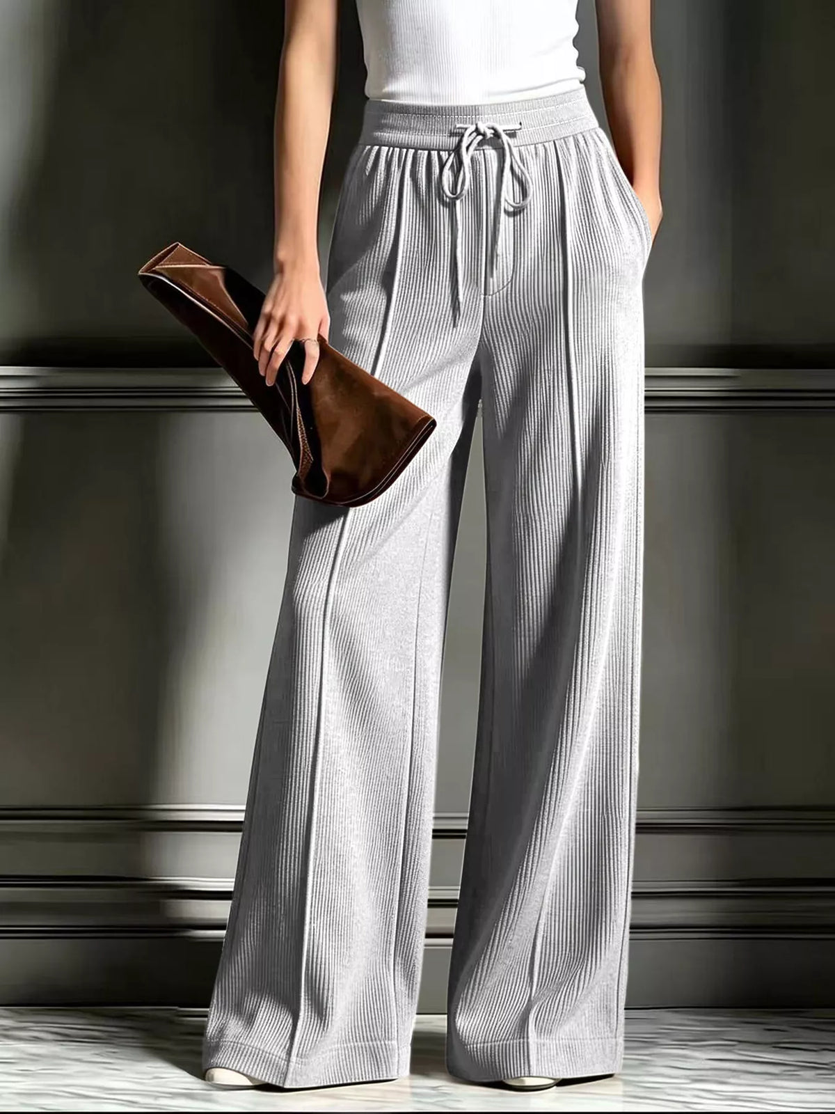 Gray wide-leg ribbed corduroy pants