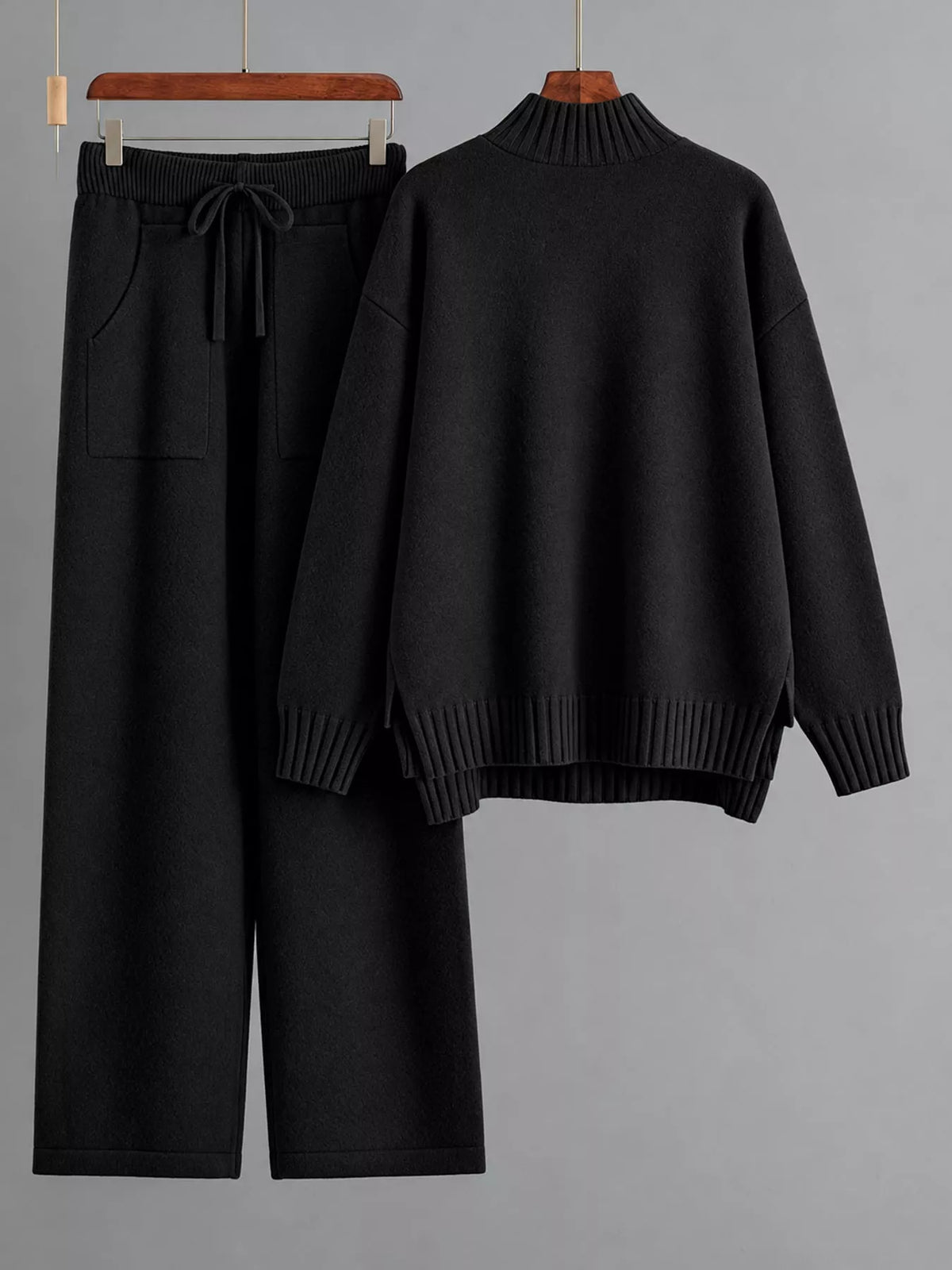 Mock Neck Sweater and Wide-Leg Pants Knit Set — garment front