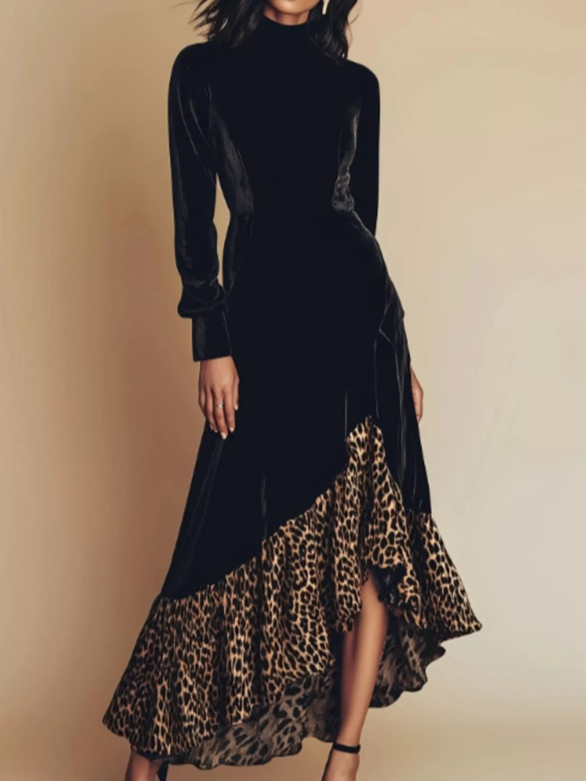 Leopard ruffle-hem mock-neck dress