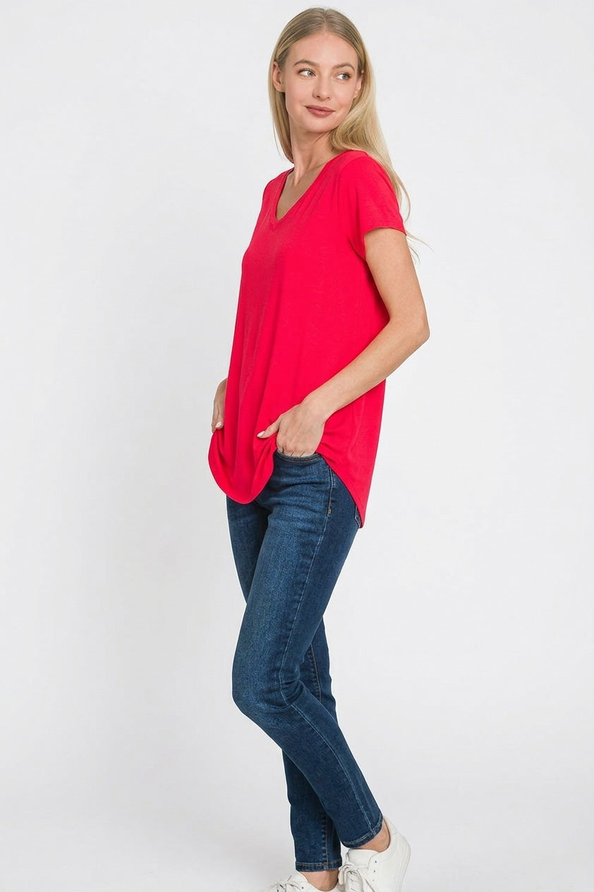 Women's Rayon Blend V-Neck Short Sleeve Top With Round Hem — product view 3