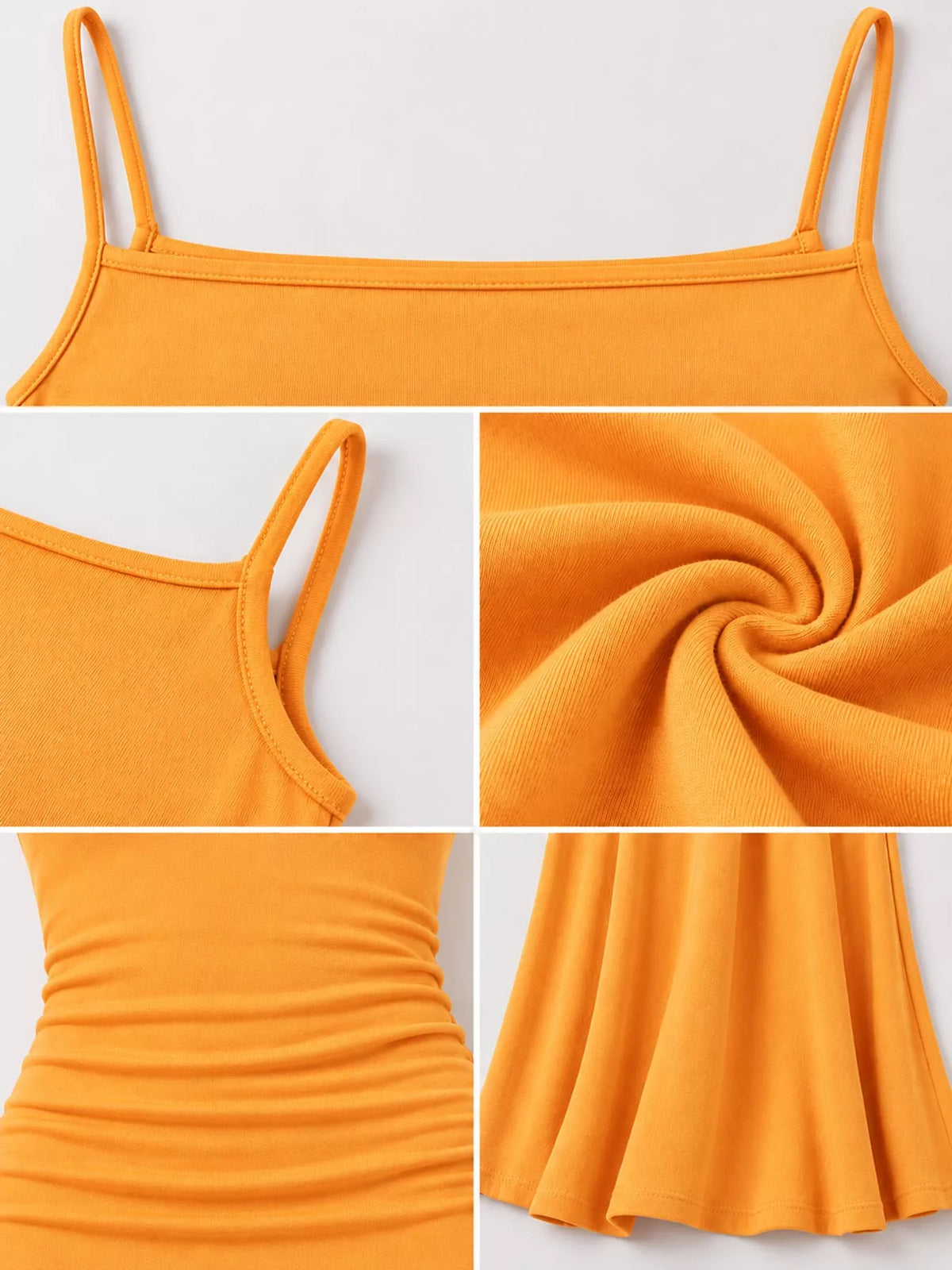 Square neck spaghetti-strap maxi dress, construction and design details