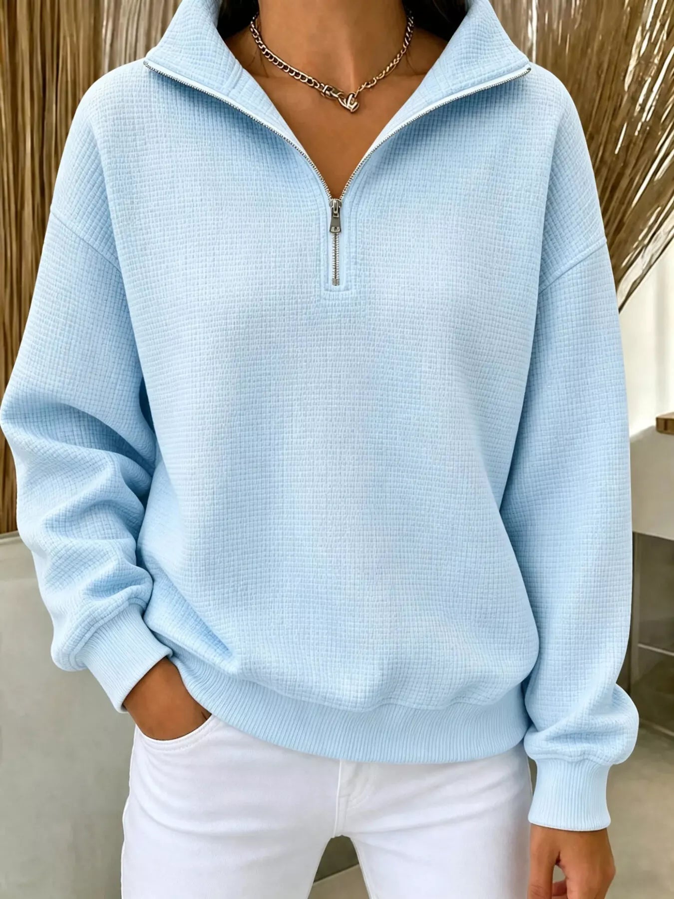 Trendsi Full Size Waffle Knit Quarter-Zip Sweatshirt Plus Size -