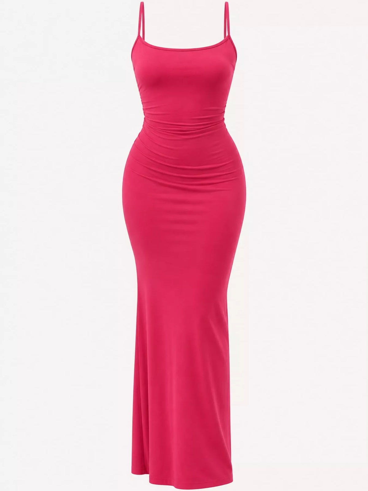 Fuchsia bodycon spaghetti strap maxi dress, front view