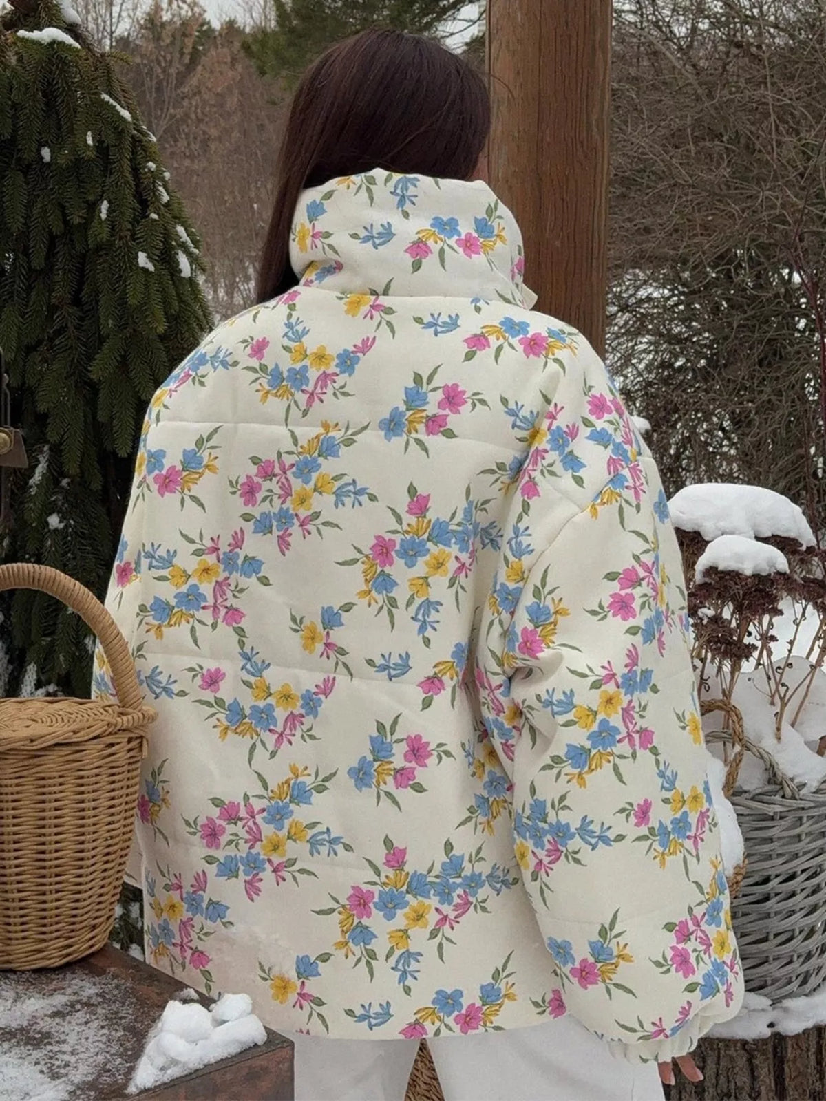Floral Print Stand Collar Puffer Jacket, back view