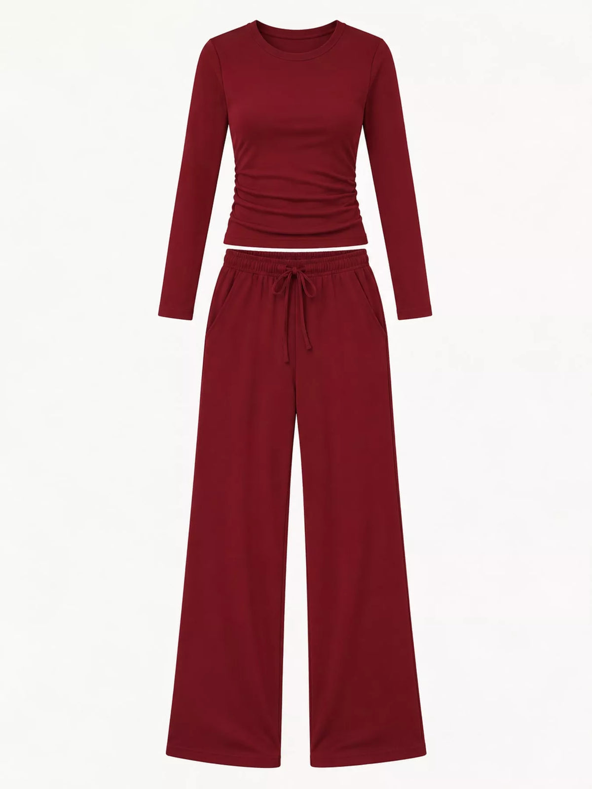 Long Sleeve Top and Wide-Leg Drawstring Pants Set — garment front