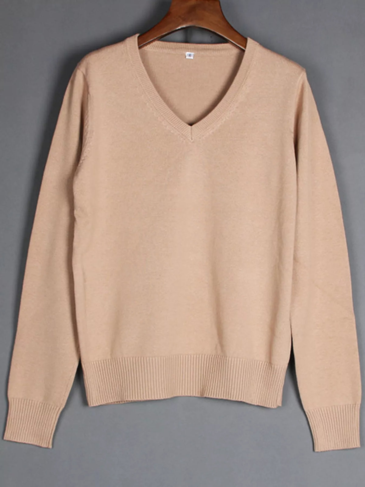 Women's V-Neck Long Sleeve Sweater in beige — front view