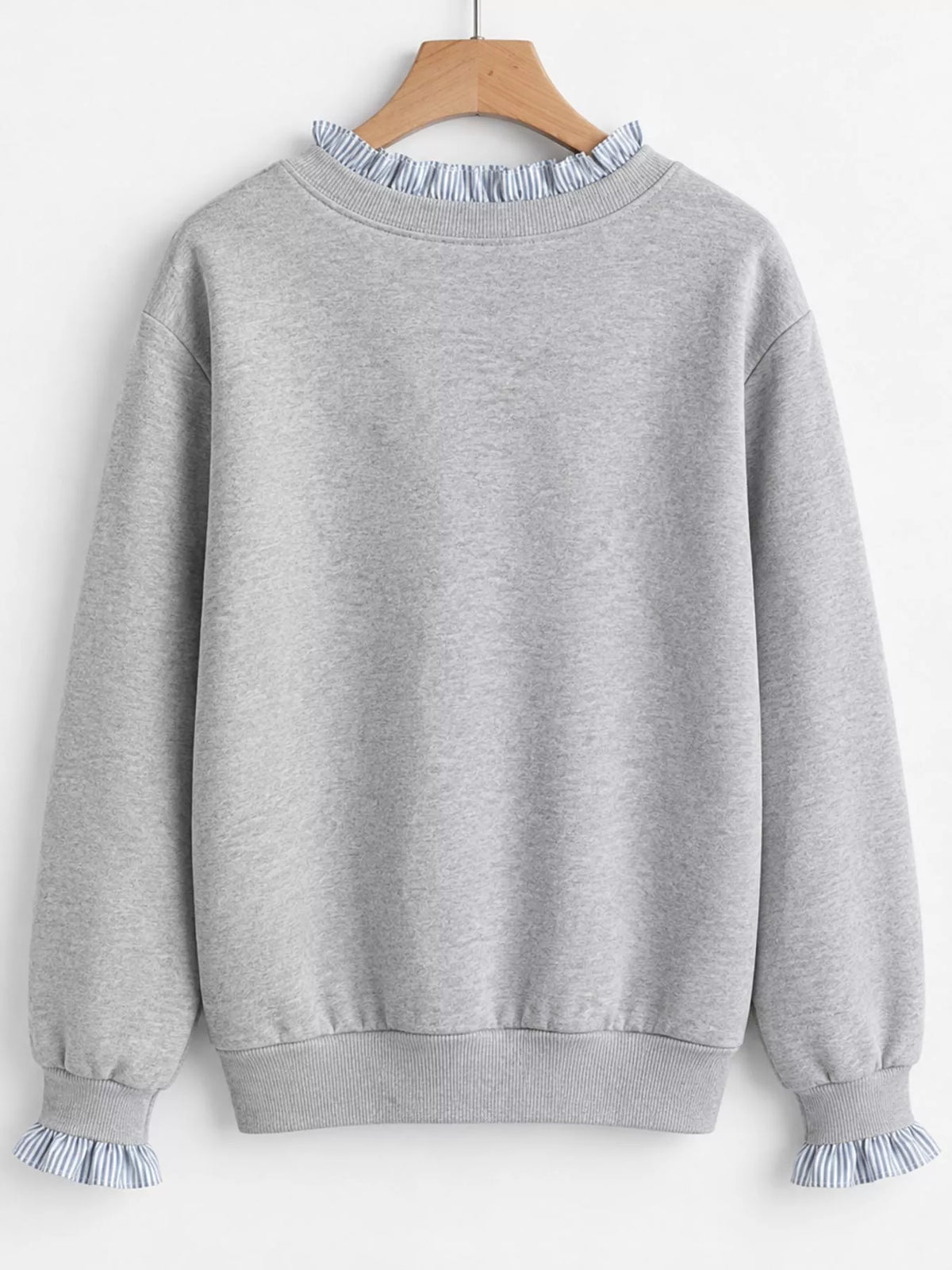Light Gray crewneck sweatshirt with striped ruffle cuffs, back view