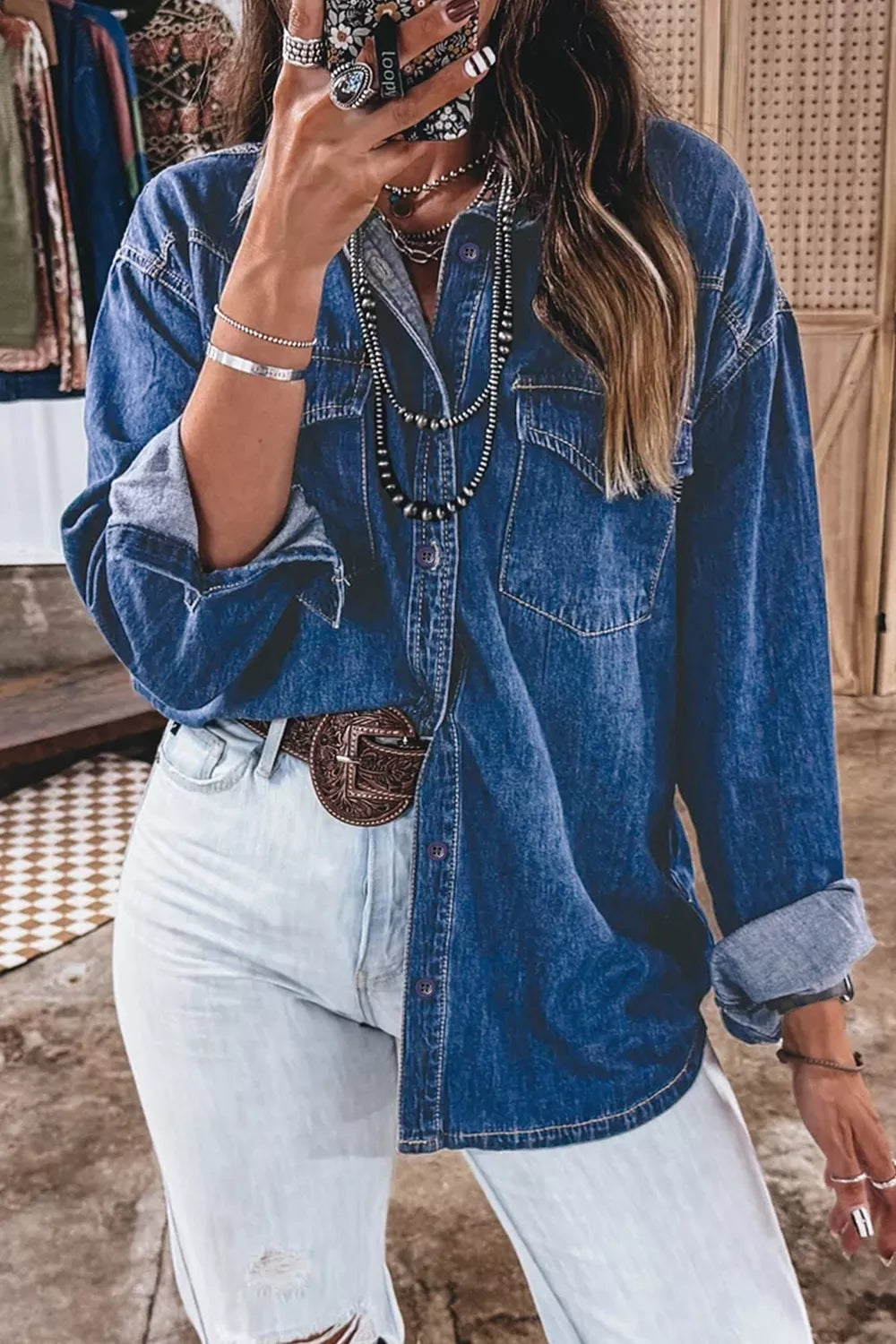 Blue western pocket denim tunic shirt, front styled view