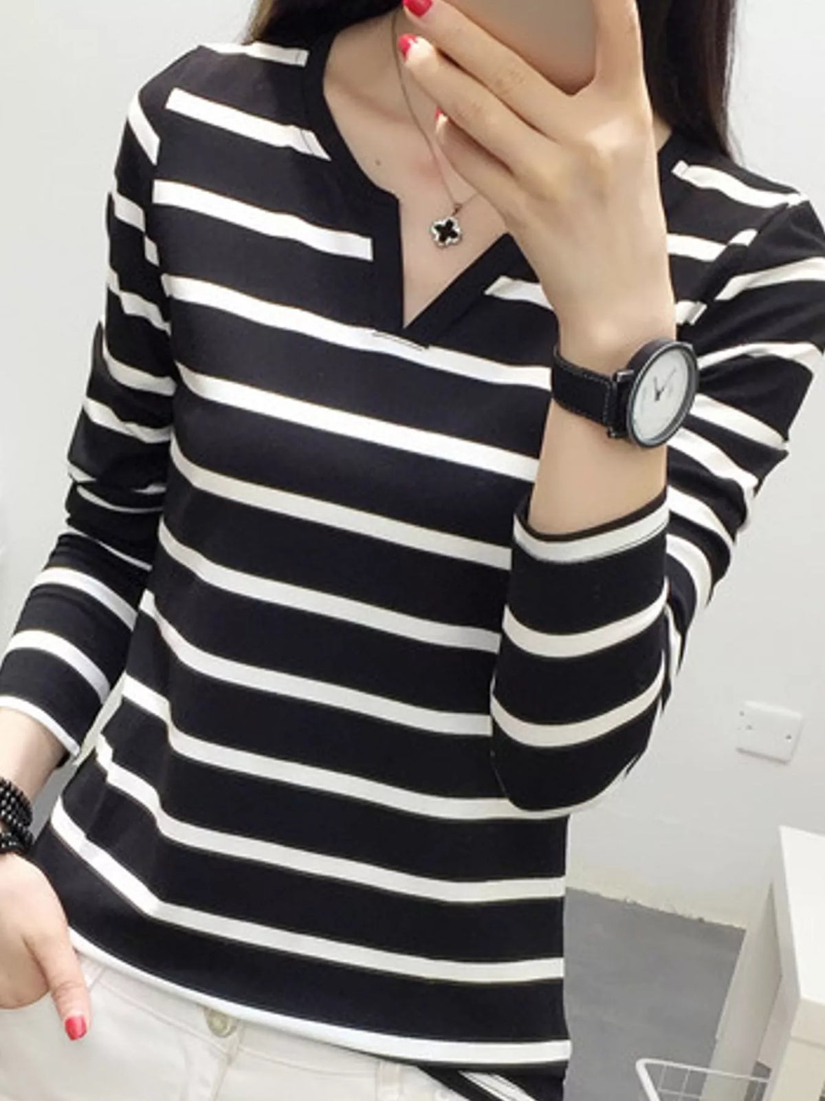 Striped Notched Long Sleeve T-Shirt, detail view in black and white