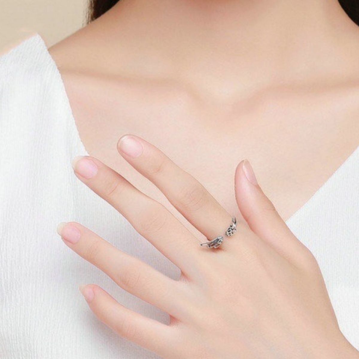 Trendsi 925 Sterling Silver Zircon Angel Wing Open Ring -