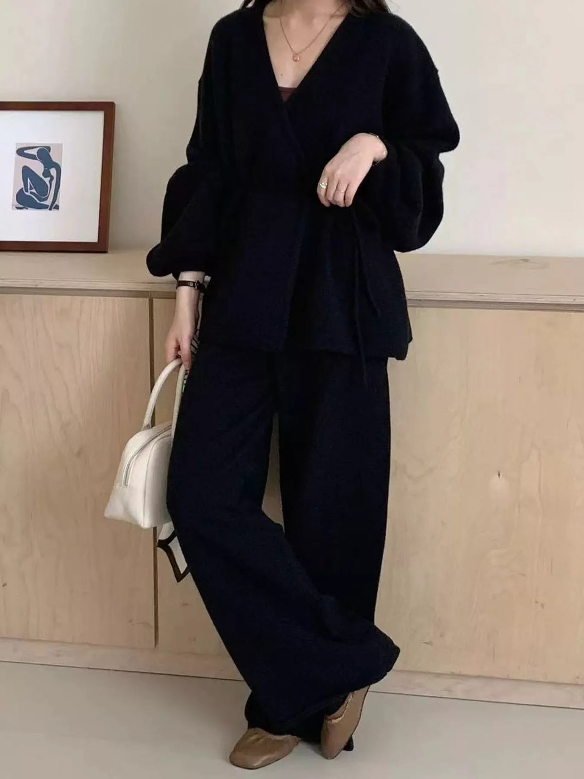 V-Neck Wrap Cardigan and Wide-Leg Pants Sweater Set in navy blue
