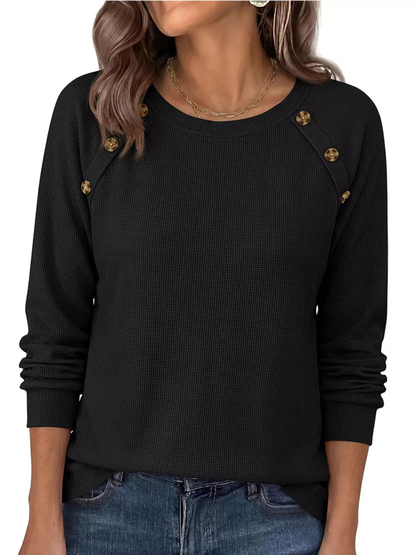 Trendsi Decorative Button Waffle Knit Long Sleeve T-Shirt -