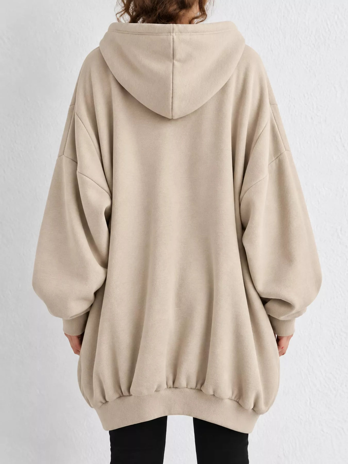 Apricot drawstring zip-up oversized hoodie, back view