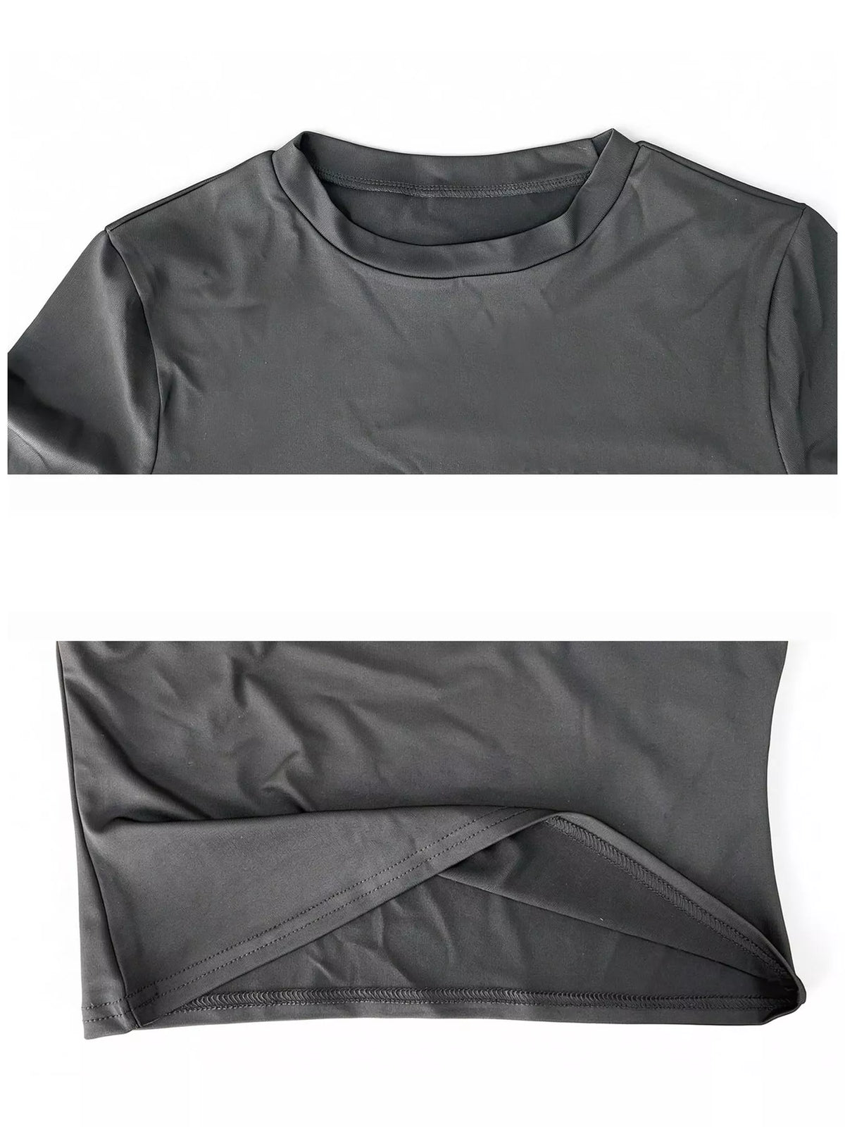 Black crew neck crop T-shirt, neckline and hem detail