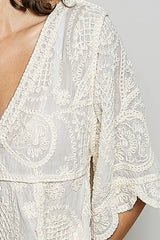Trendsi POL V-Neck Crochet Blouse with Scalloped Hem -