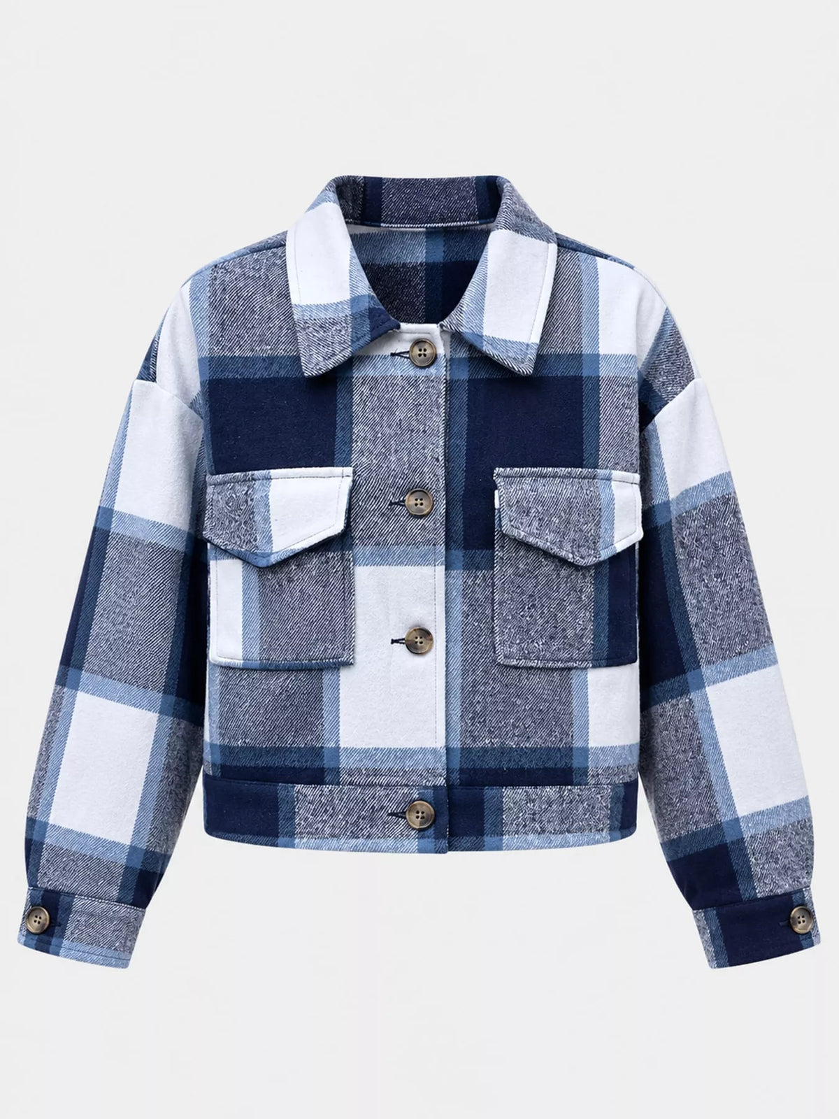 Navy plaid button-up cropped jacket