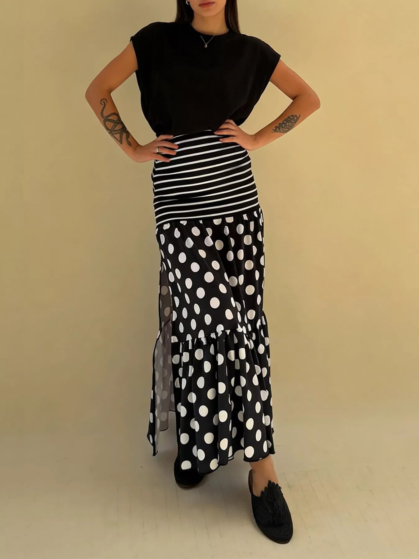 Trendsi Polka Dot Striped Slit Maxi Skirt -