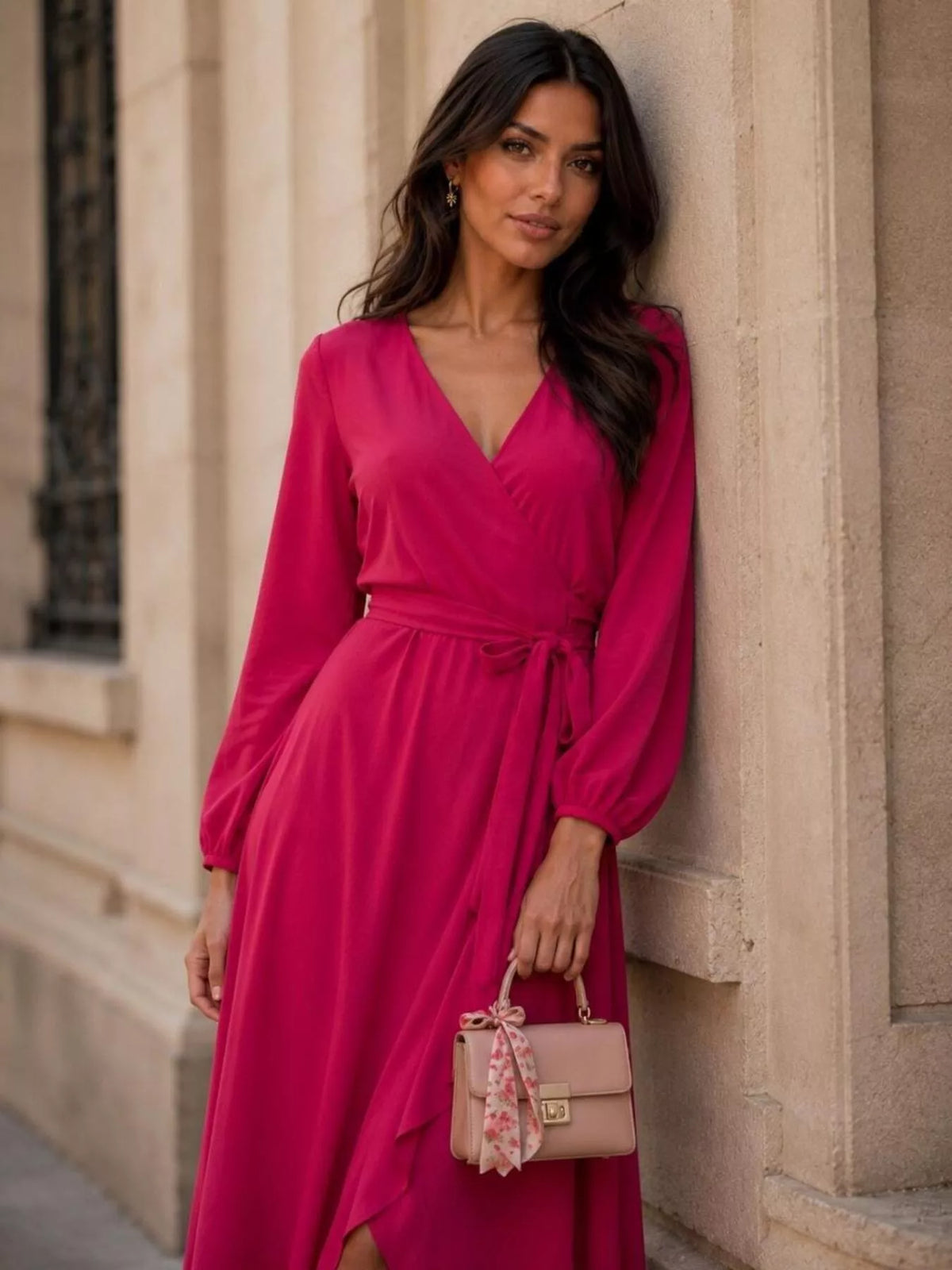 Scarlet long sleeve wrap dress with waist tie
