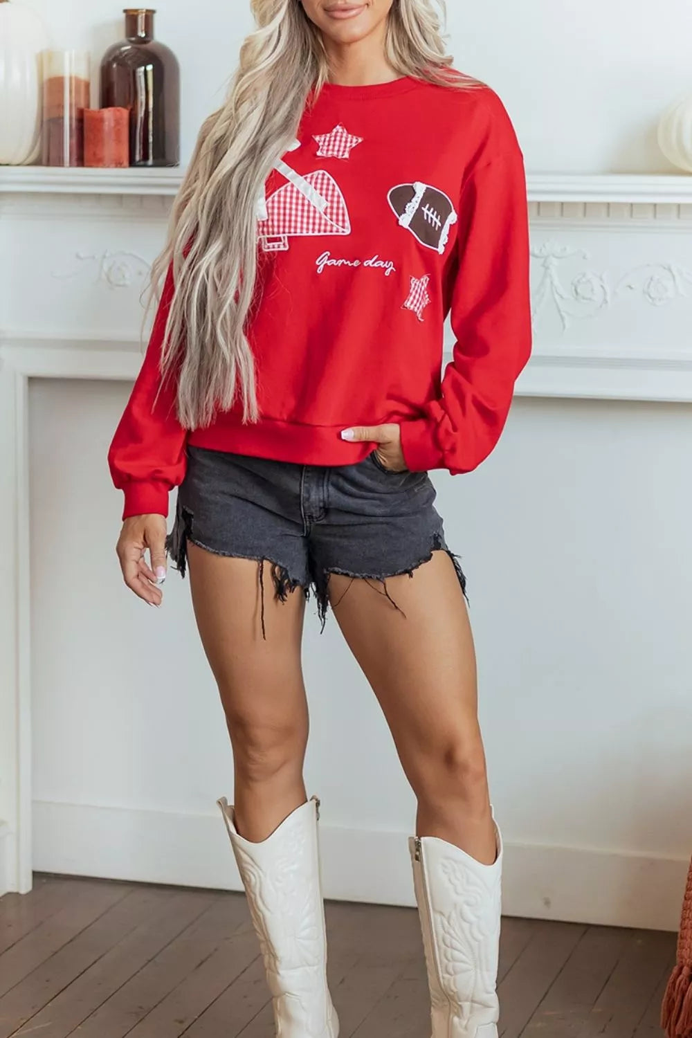 Trendsi Gingham Patch Embroidered Rugby Game Day Stars Sweatshirt -