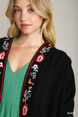 Trendsi Umgee Embroidery Open Front Kimono with Pleated Shoulder Detail -