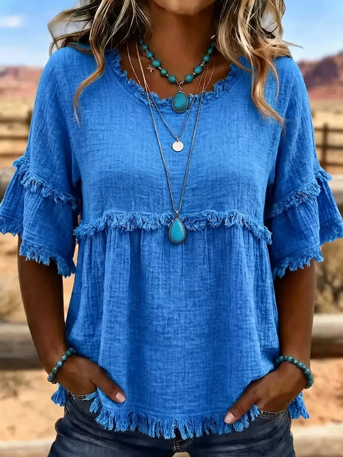 Blue frayed edge textured blouse