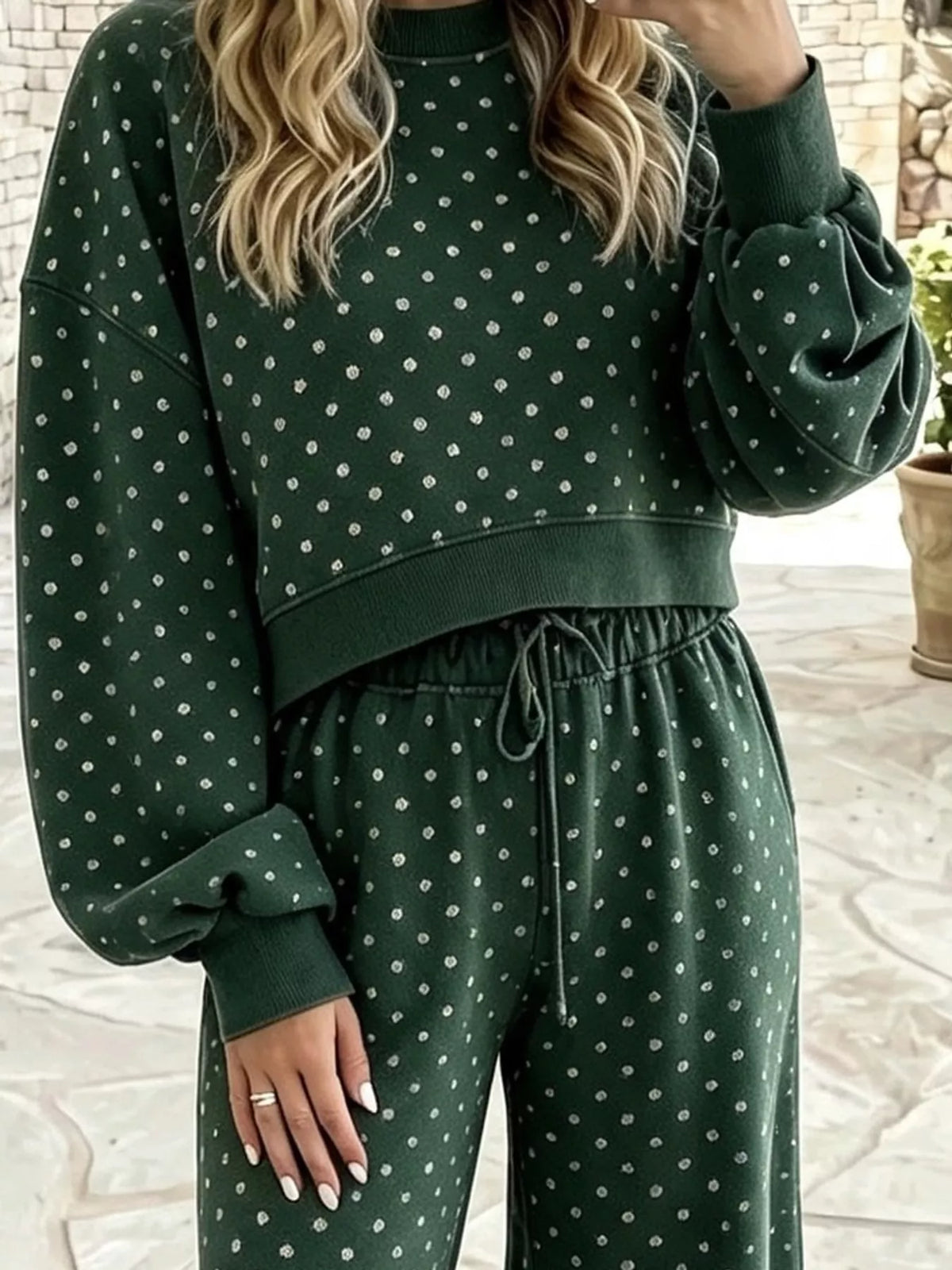 Dark green swiss dot crop top and wide-leg pants set — design and construction details