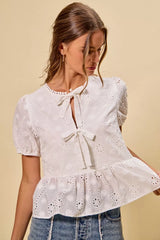 Trendsi SO ME Cotton Eyelet Front Tie Short Sleeves Blouse -