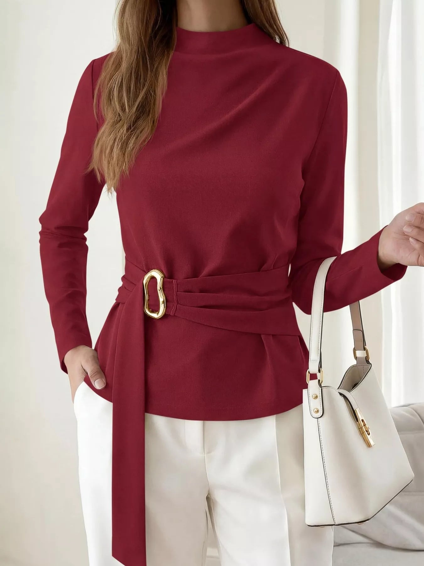 Trendsi Mock Neck Blouse with Waist-Defining Metal Buckle Detail -