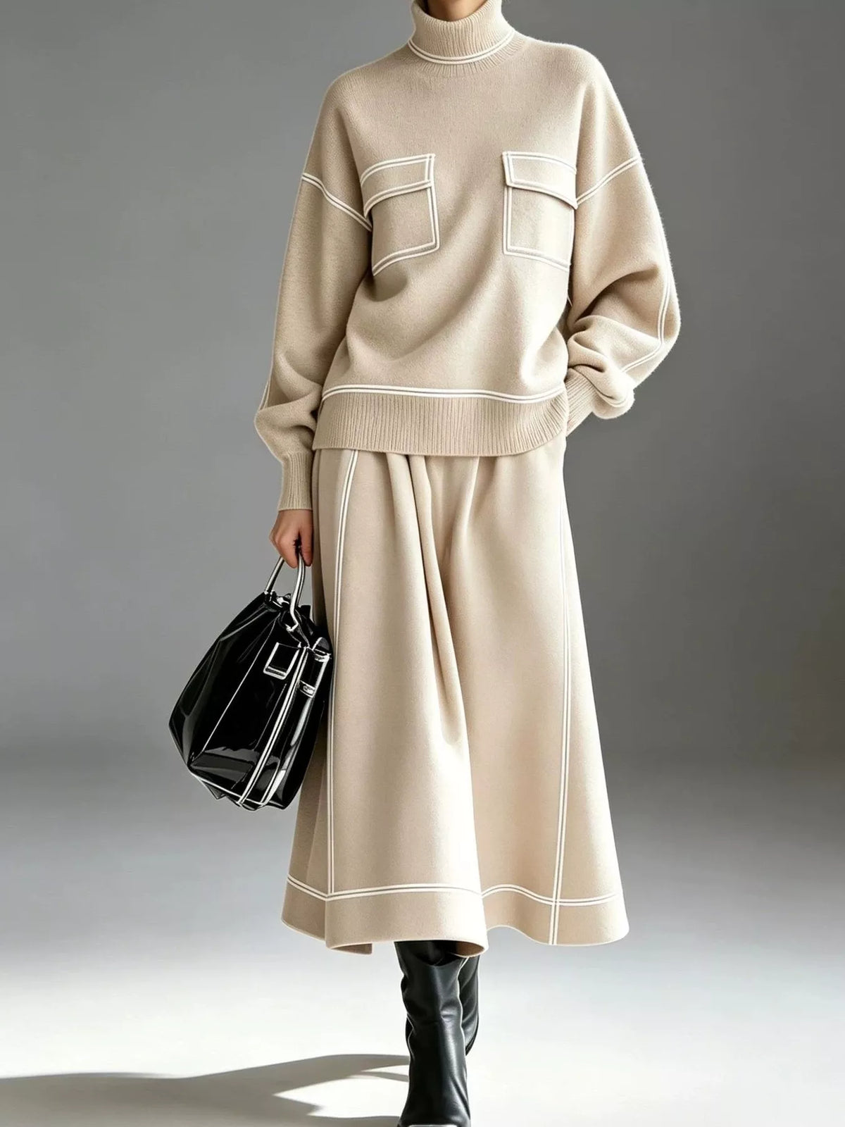 Sweater and skirt set, beige set front