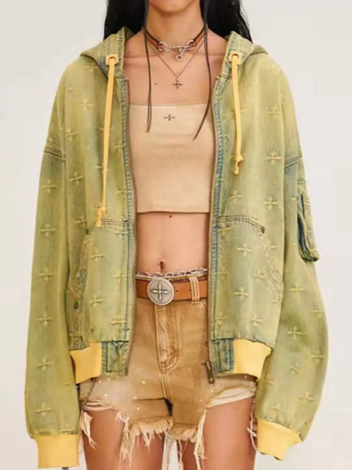 Embroidered Hooded Zip-Up Denim Jacket — front view
