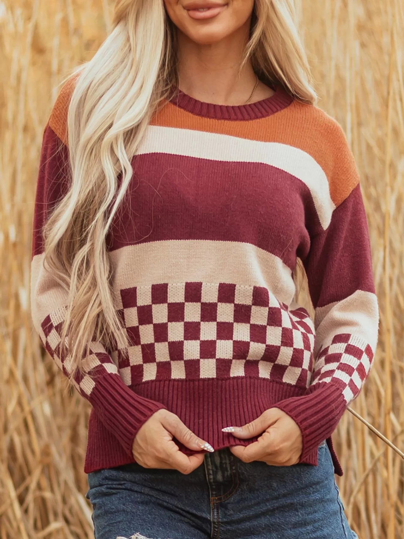 Trendsi Checkered Color Block Knitted Drop Shoulder Sweater -